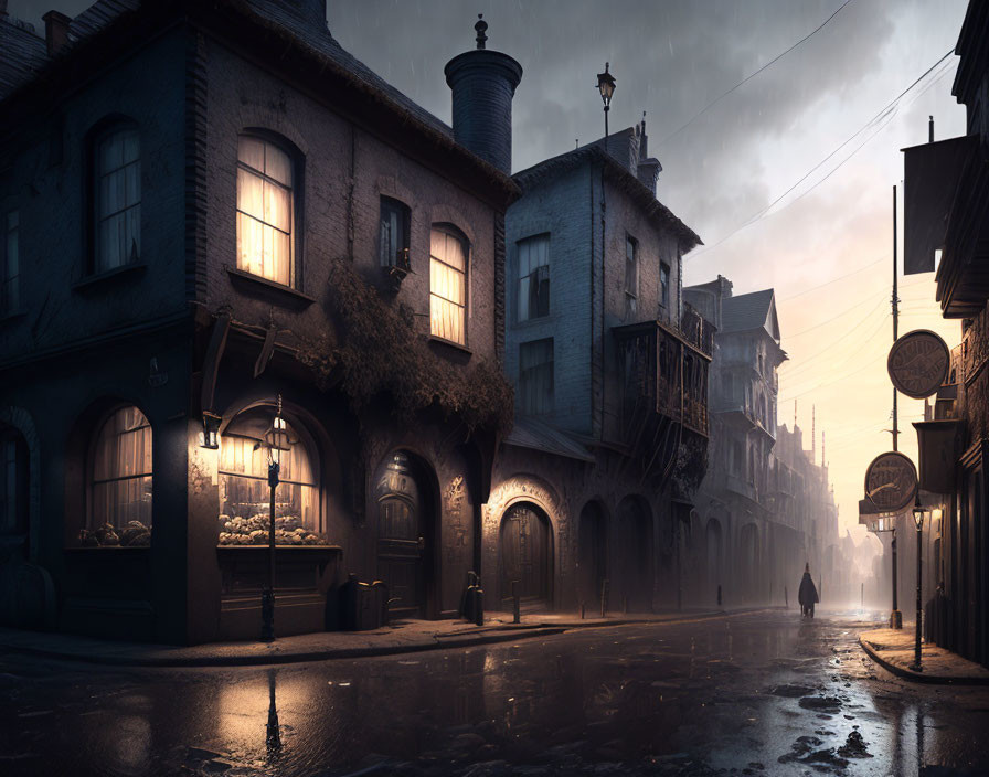 Vintage buildings on dimly lit cobbled street at dusk with lone figure
