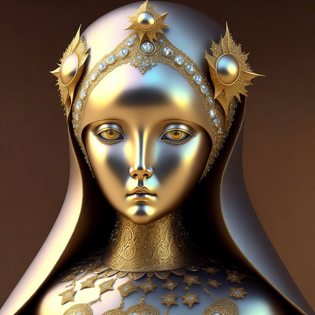 Intricate Golden Humanoid Face 3D Rendering with Jewelry on Brown Background