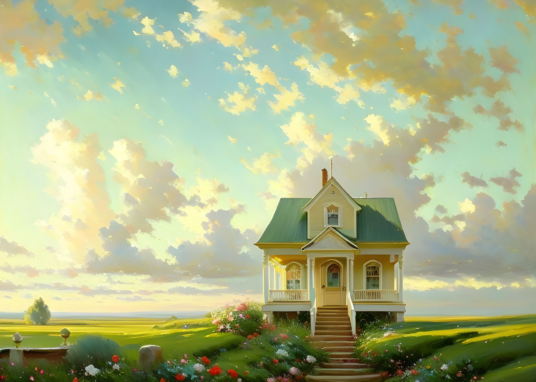 Yellow house with green roof in lush field under golden sky.