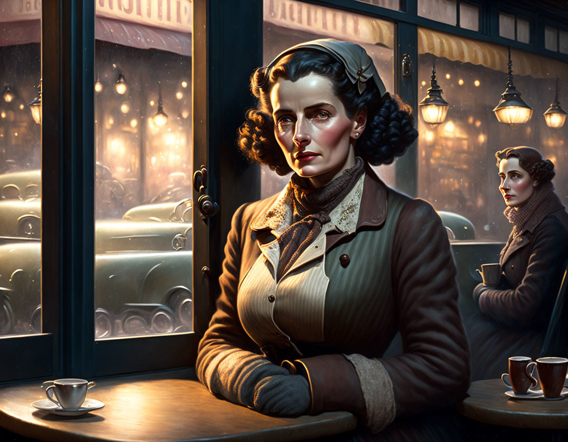 1940s vintage-style painting of women in café at dusk