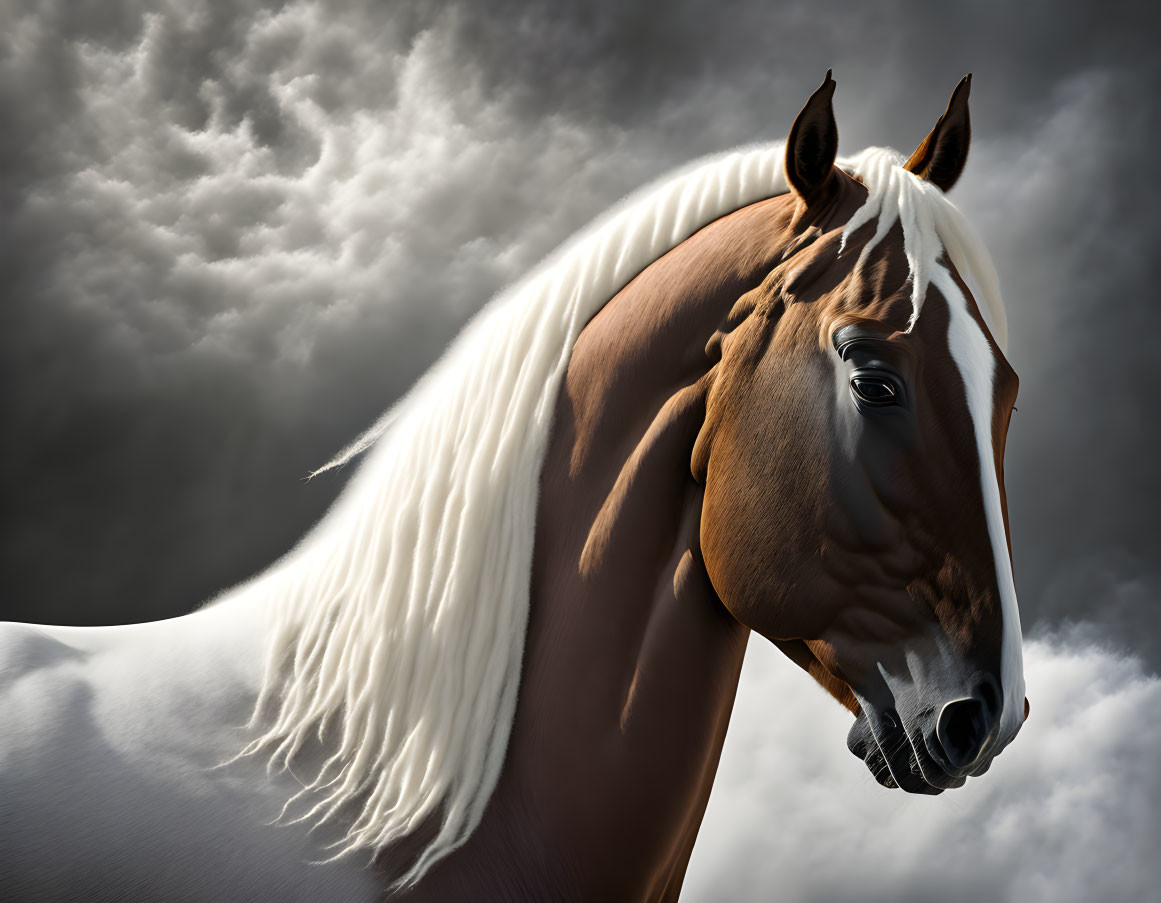 Majestic chestnut horse with white mane under stormy sky