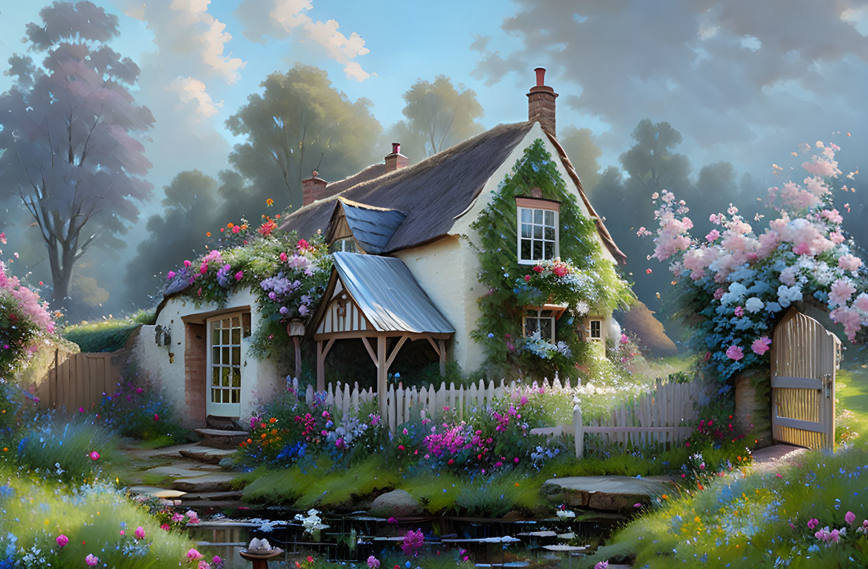 Thatched roof cottage in garden setting with misty background