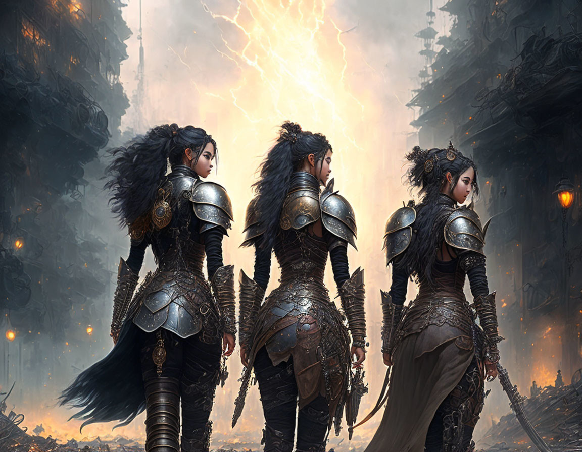 Armored female warriors in front of lightning-struck cityscape