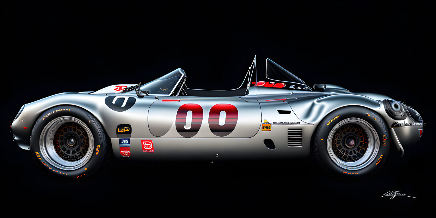 Vintage Racing Car with Sponsorship Decals and "00" Number on Dark Background