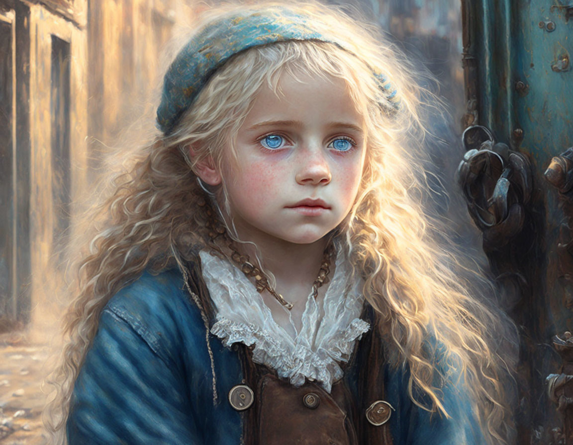 Portrait of Young Girl with Blue Eyes and Blonde Curls in Blue Hat and Coat
