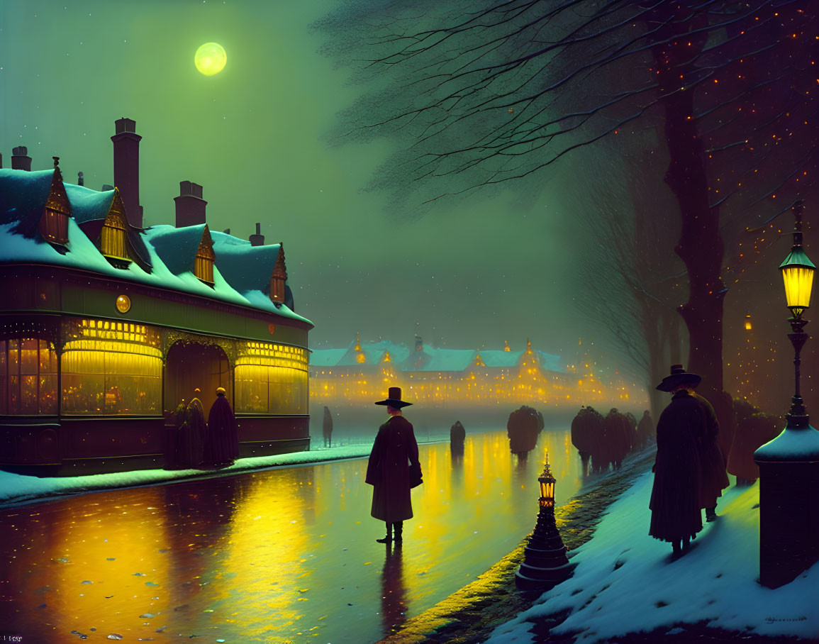 Victorian-era night scene with snow-covered building, street lamps, full moon, falling snowflakes