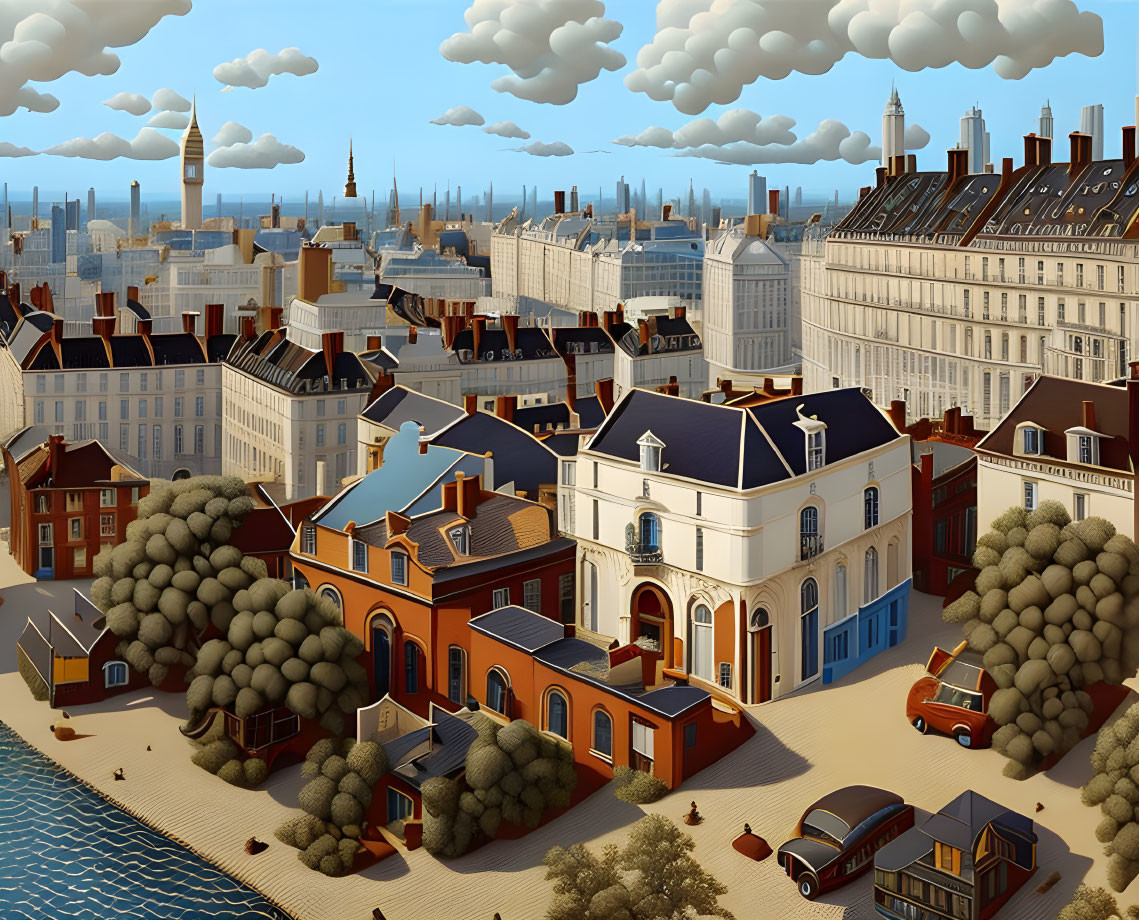 Whimsical European cityscape with vintage cars and riverfront