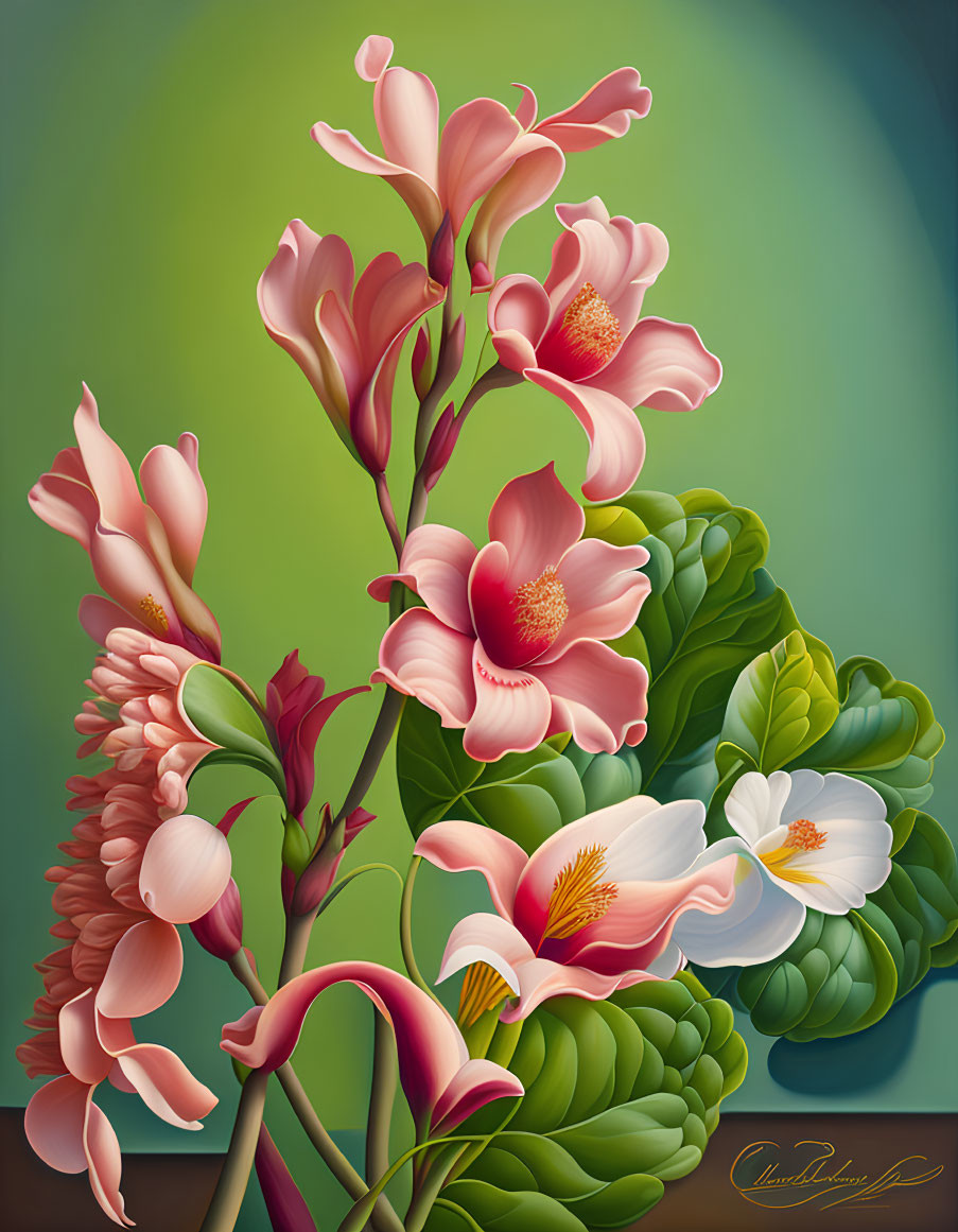 Digital Artwork: Pink Flowers and Buds on Gradient Green Background