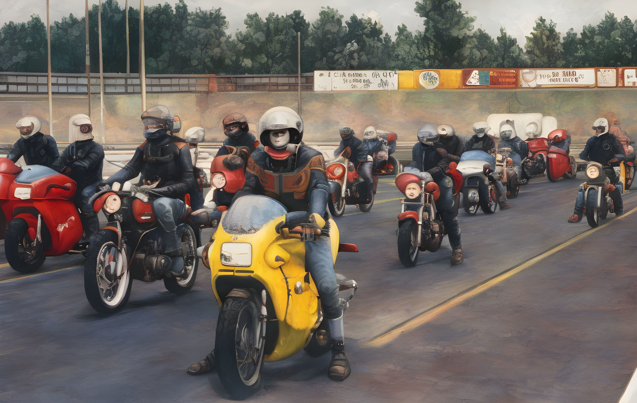 Group of riders on motorcycles with helmets in city traffic.