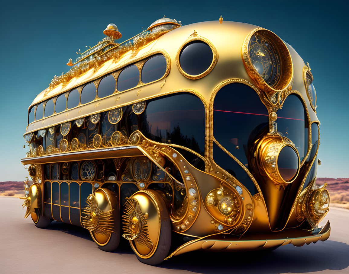Digitally Rendered Ornate Golden Steampunk Bus in Desert Setting