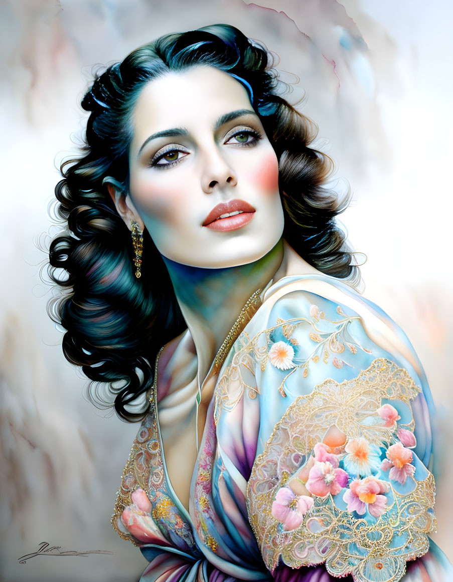 Hyperrealistic Portrait of Woman with Dark Curly Hair and Striking Makeup