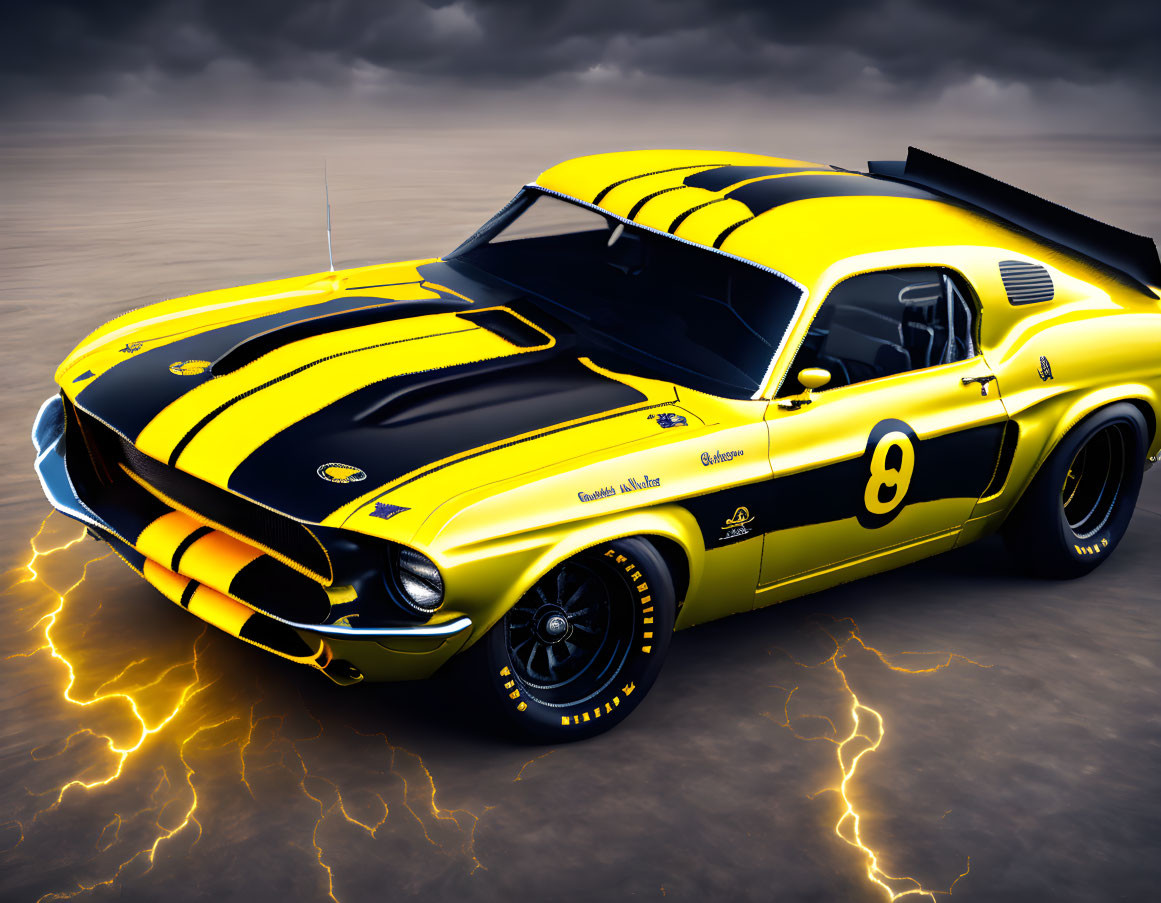 Vintage muscle car with yellow and black stripes and number 8, under stormy sky with lightning