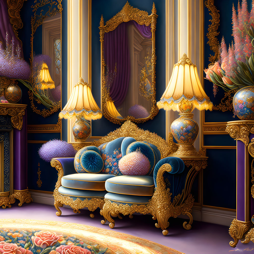Luxurious Blue and Gold Sofa in Ornate Room