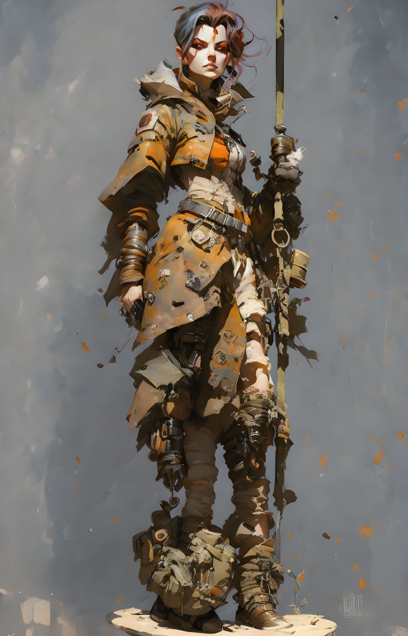 Female warrior in post-apocalyptic attire with spear among floating debris