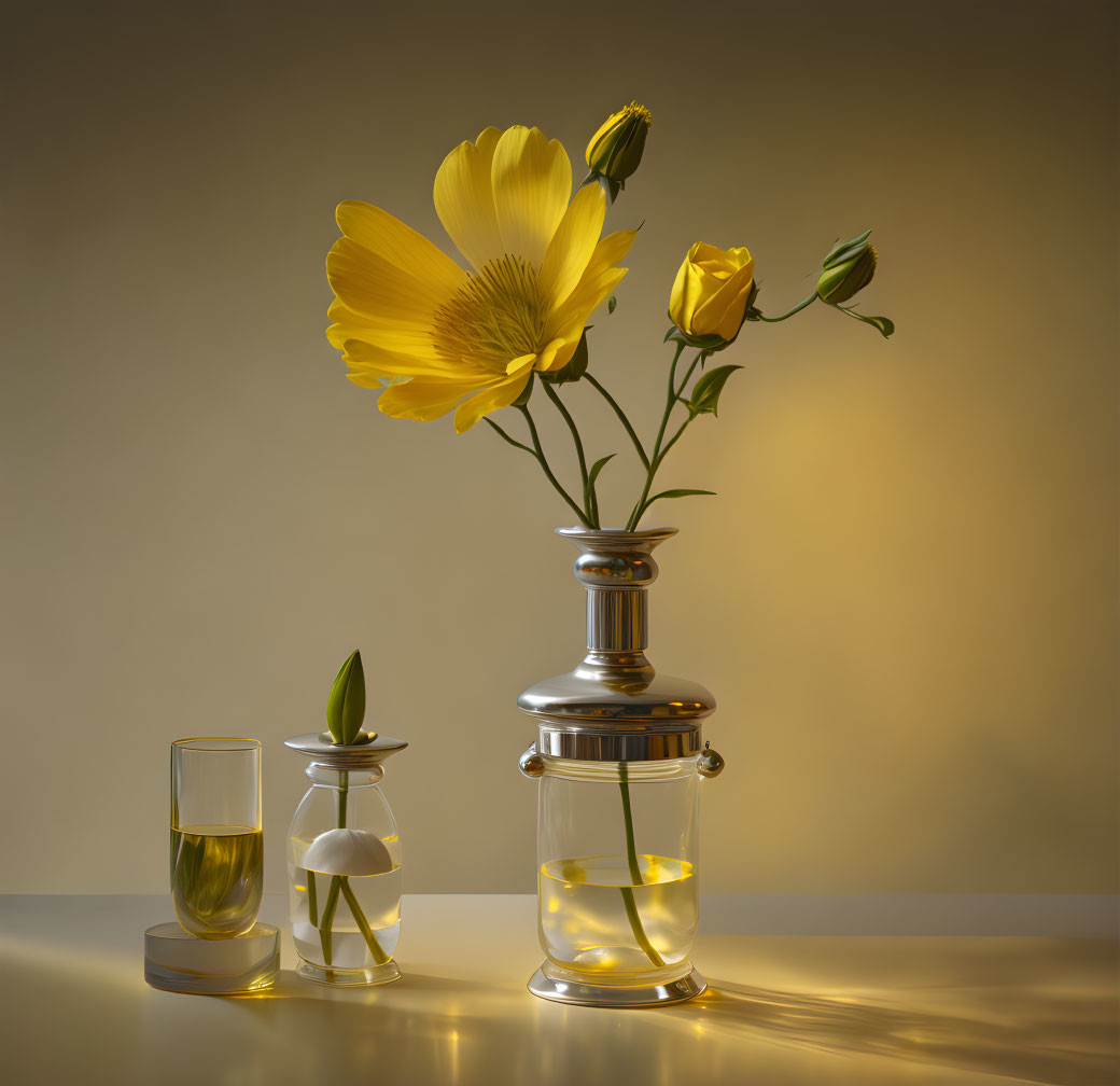 Yellow Flower in Silver Vase Still Life Composition with Glasses and Flower Buds