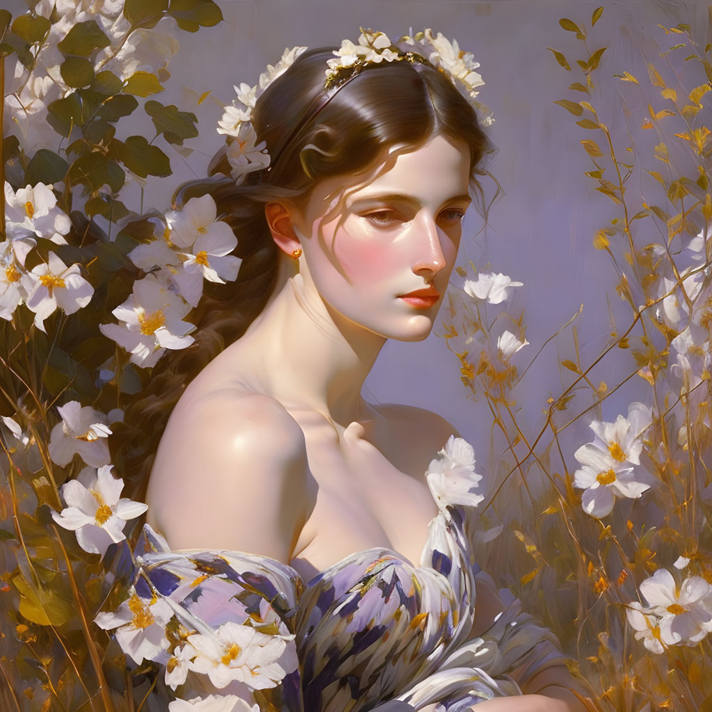 Woman with Floral Tiara Surrounded by White Flowers in Warm Sunlight