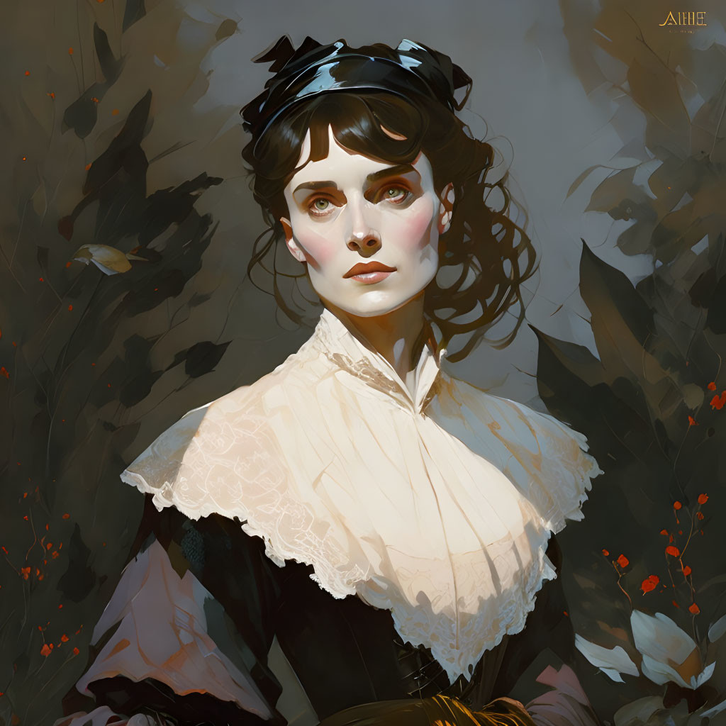 Victorian lady digital painting with black ribbon, piercing gaze, high-collared blouse, floral background