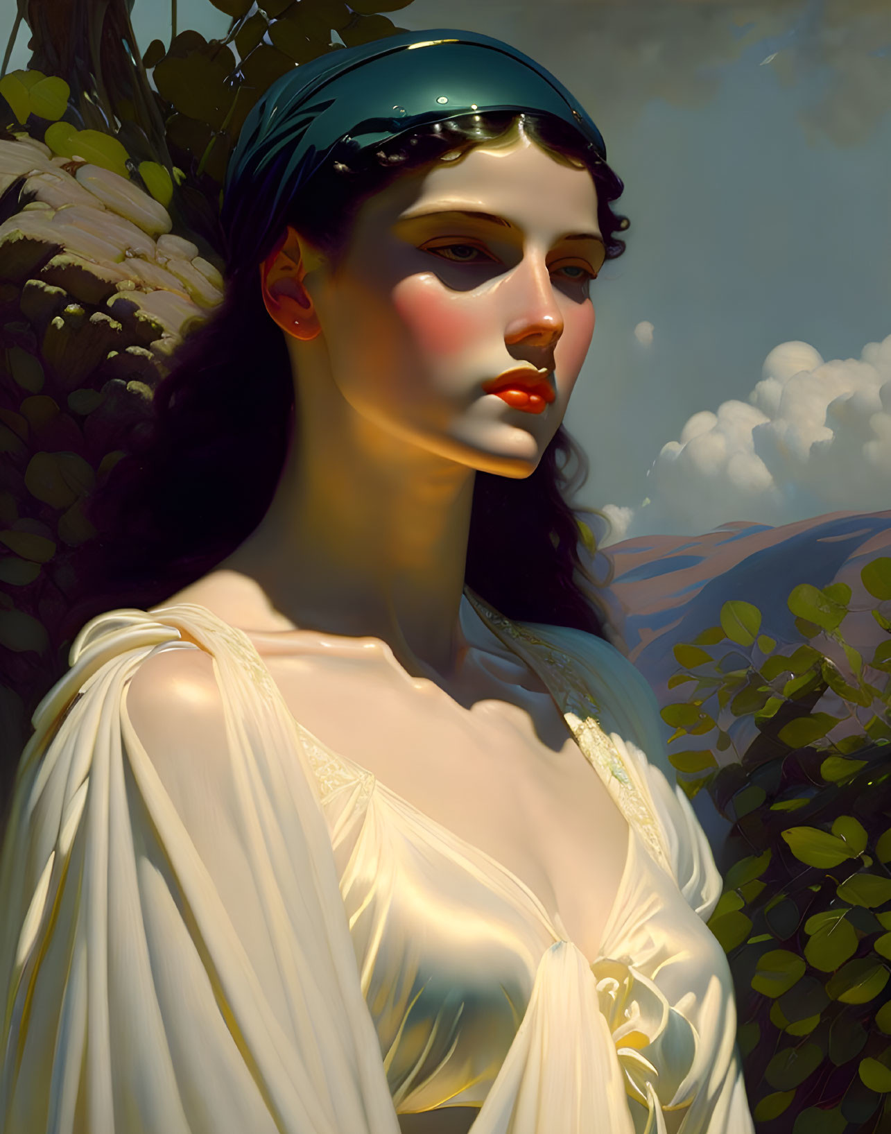 Serene woman in white gown with headband against mountain backdrop