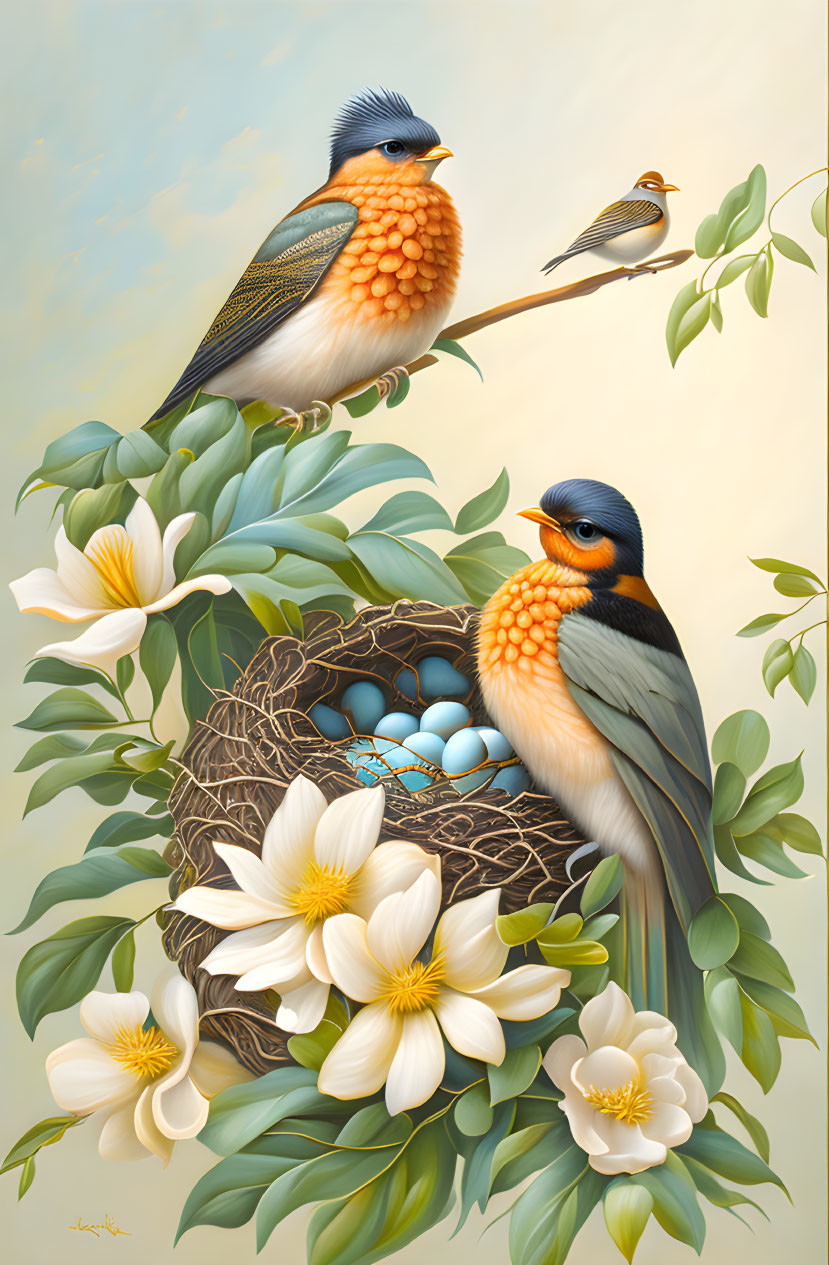 Colorful birds near nest with eggs in floral setting under sky