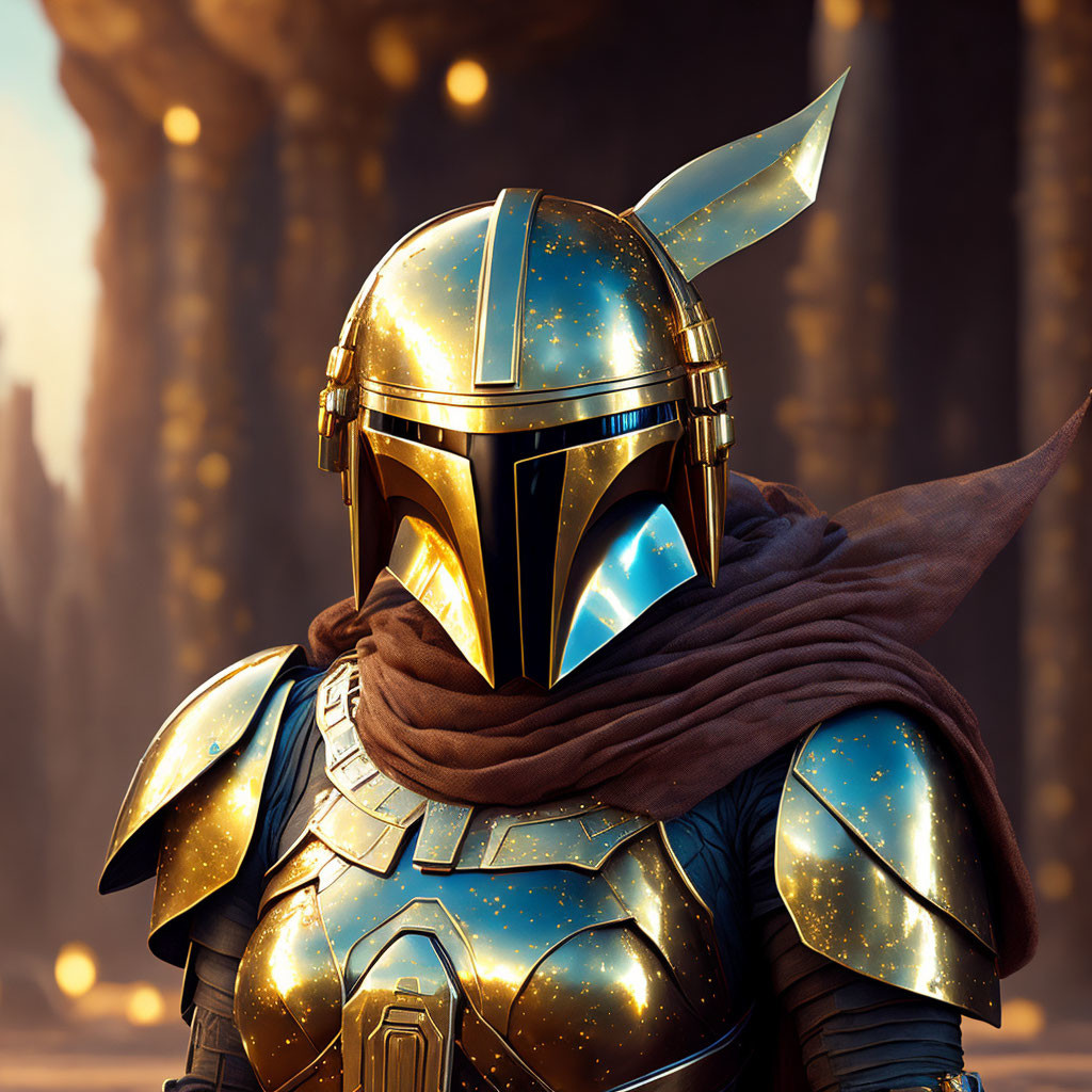 Golden-armored character gazes aside in front of blurred cityscape