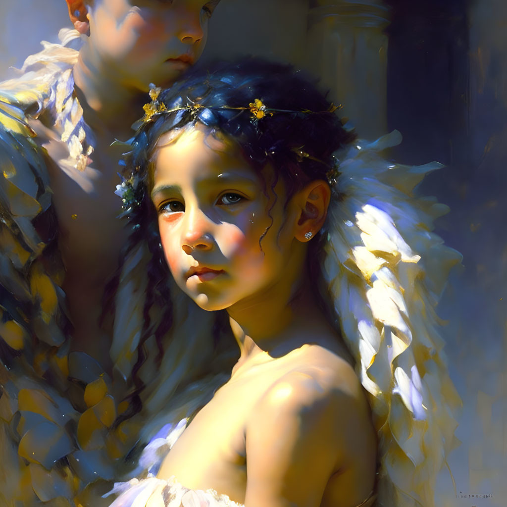 Young angelic girl with white wings and blue headband in luminous light
