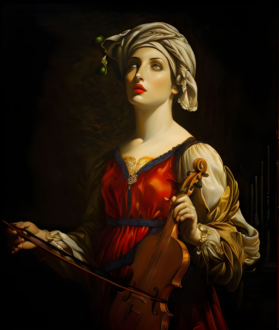 Historical painting of woman in turban with violin and dramatic lighting