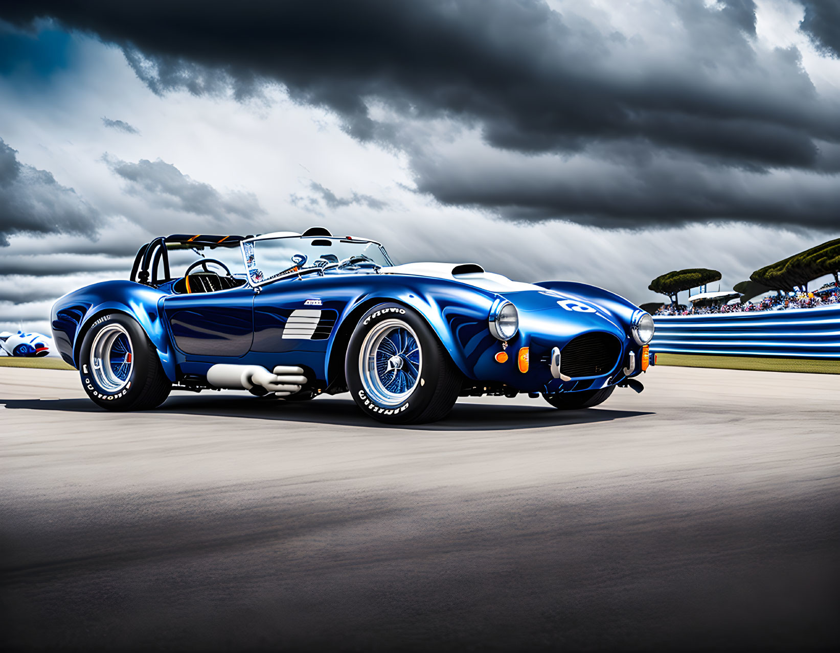 Vintage blue sports car with white racing stripes, chrome accents, and wire wheels under dramatic sky