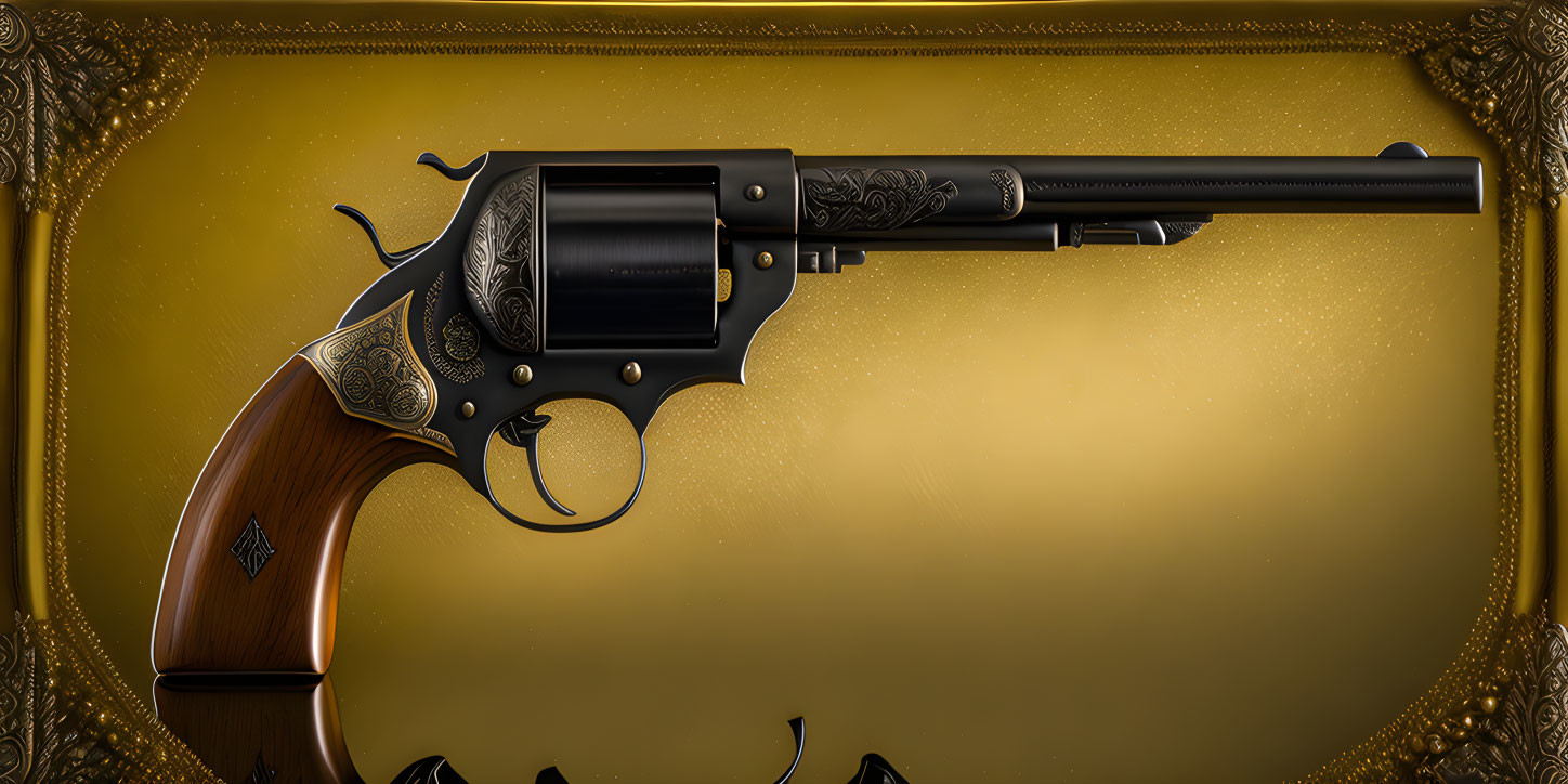 Ornate Engraved Revolver on Golden Background