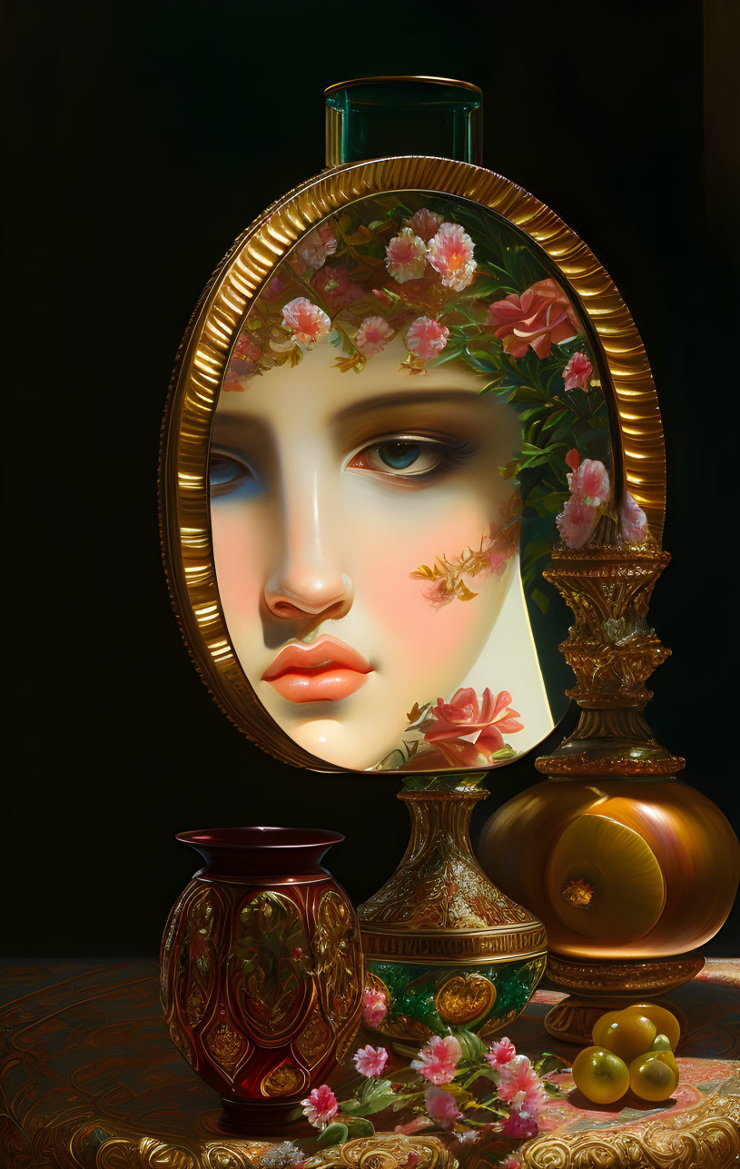 Surreal mirror image with floral woman's face, vases, fruits, and petals