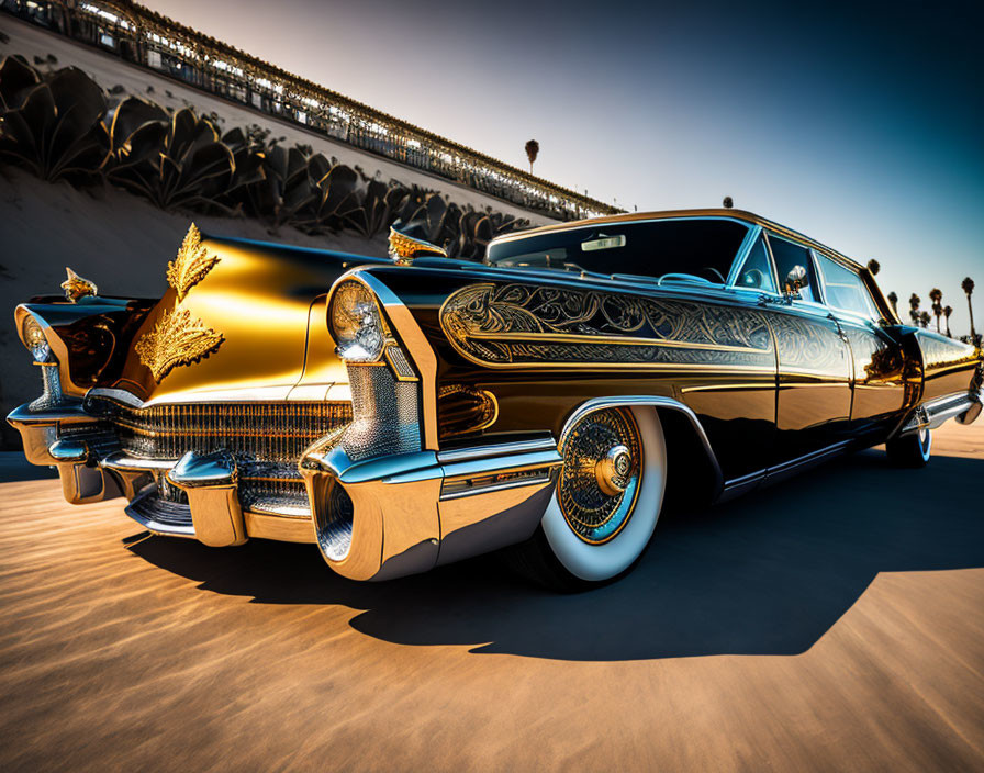 Vintage Black and Gold Classic Car with Chrome Details at Sunset