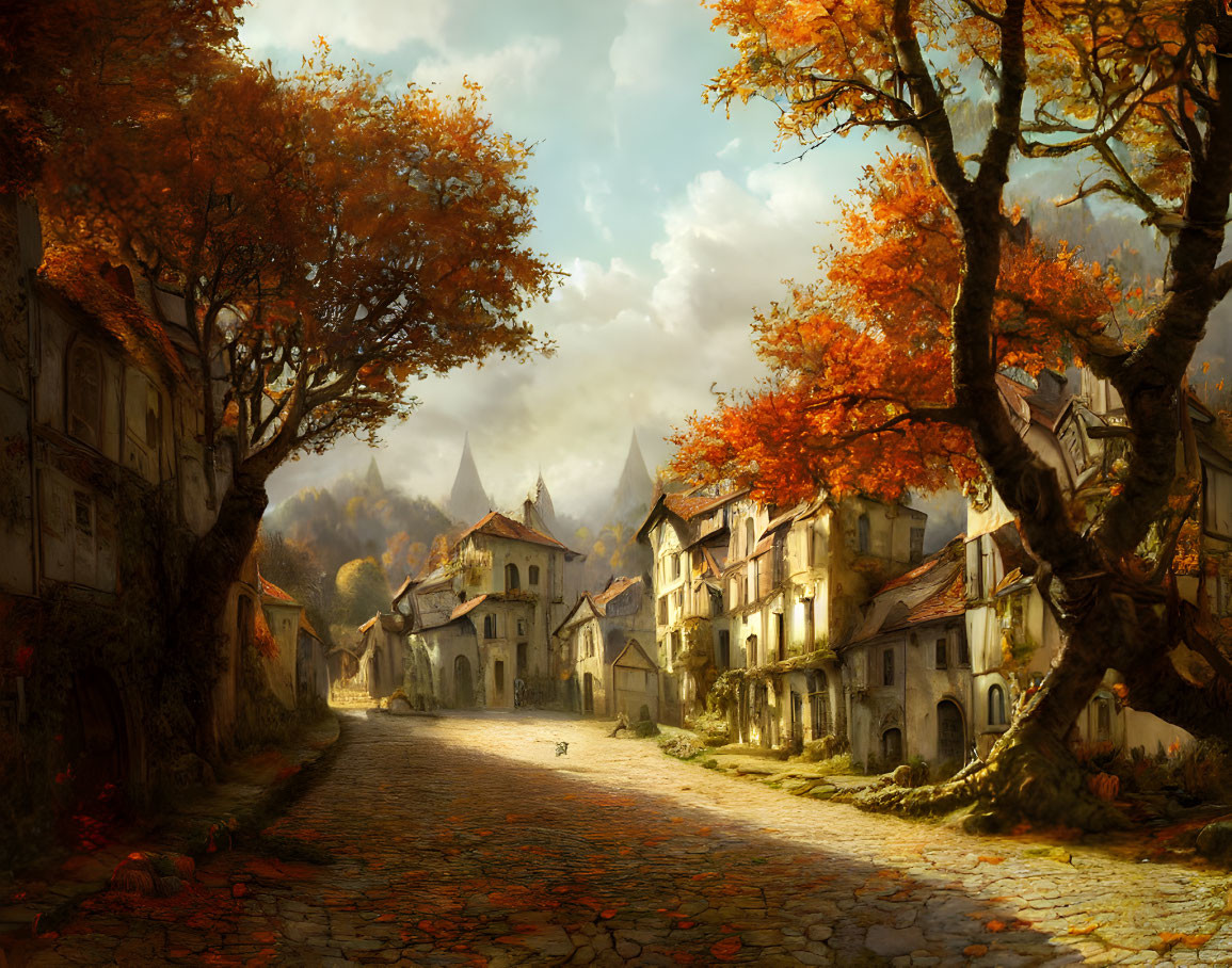 Tranquil cobblestone street with autumn trees and cat