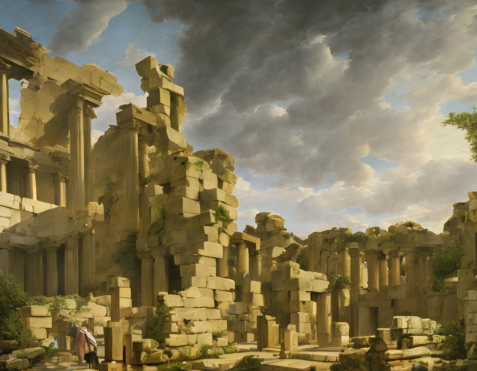Classical oil painting of ancient Greek ruins under dramatic sky