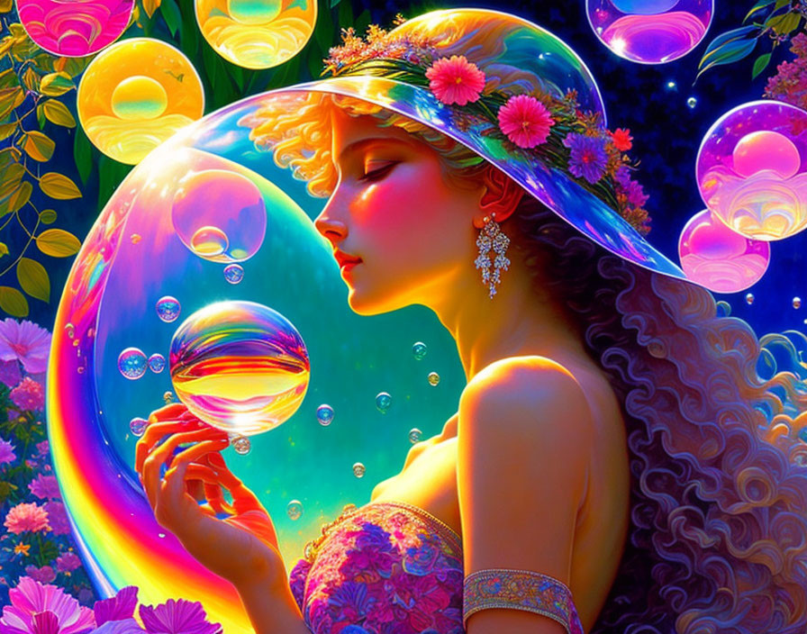 Colorful woman illustration with flowing hair, surrounded by bubbles and flora holding reflective sphere