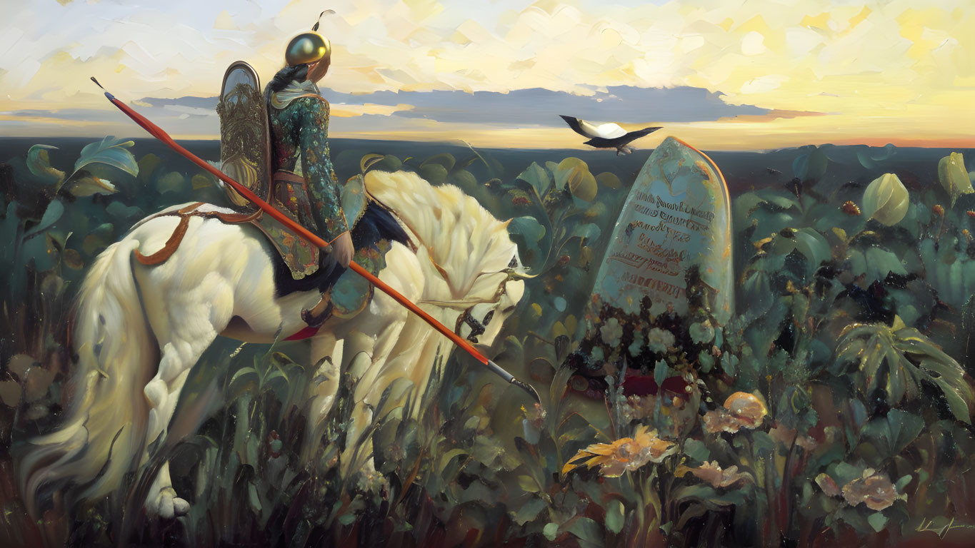 Knight in ornate armor on white horse with lance by stone grave marker in blooming field at sunset