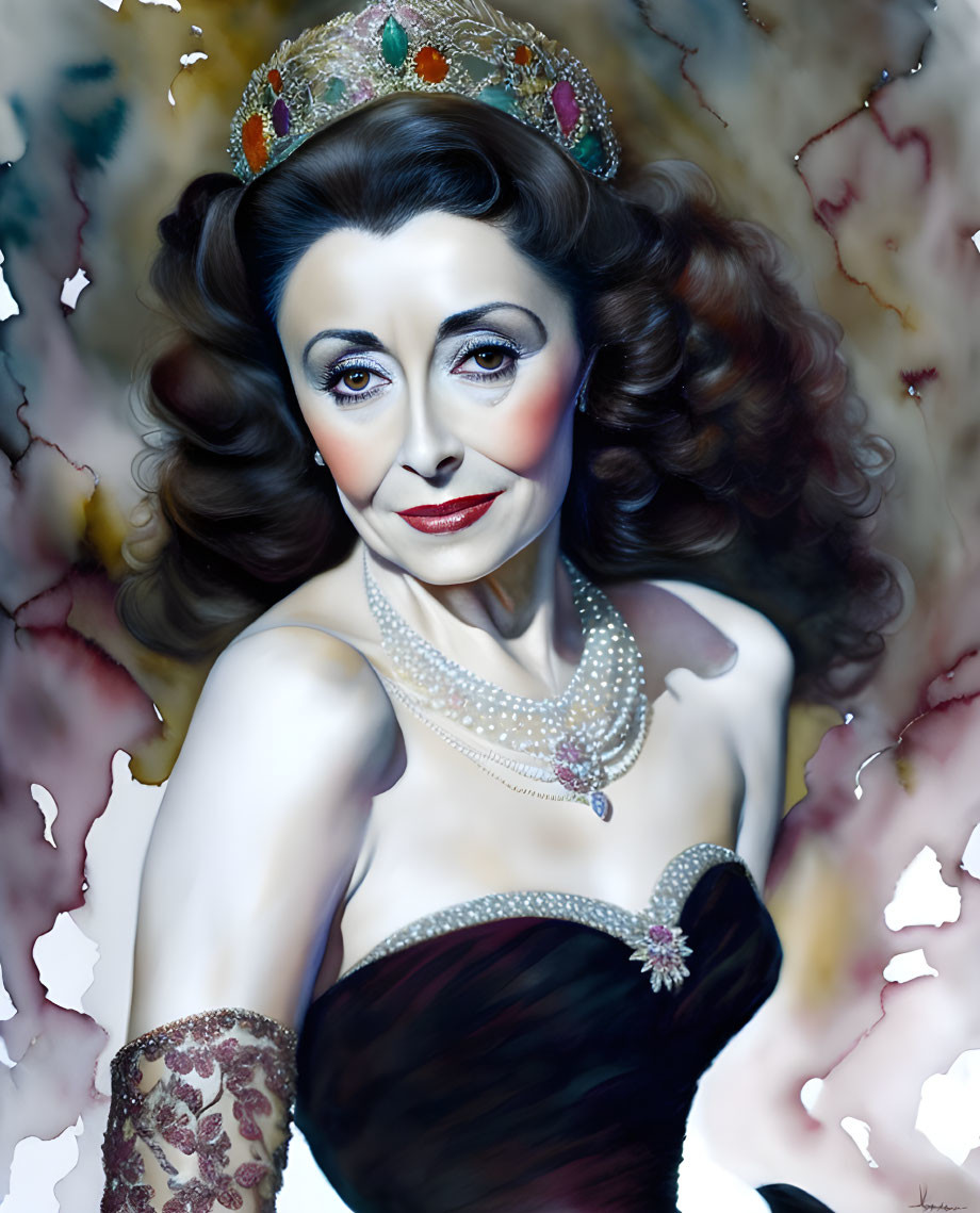 Portrait of animated woman in crown, pearl necklace, and elegant gown with dramatic makeup.