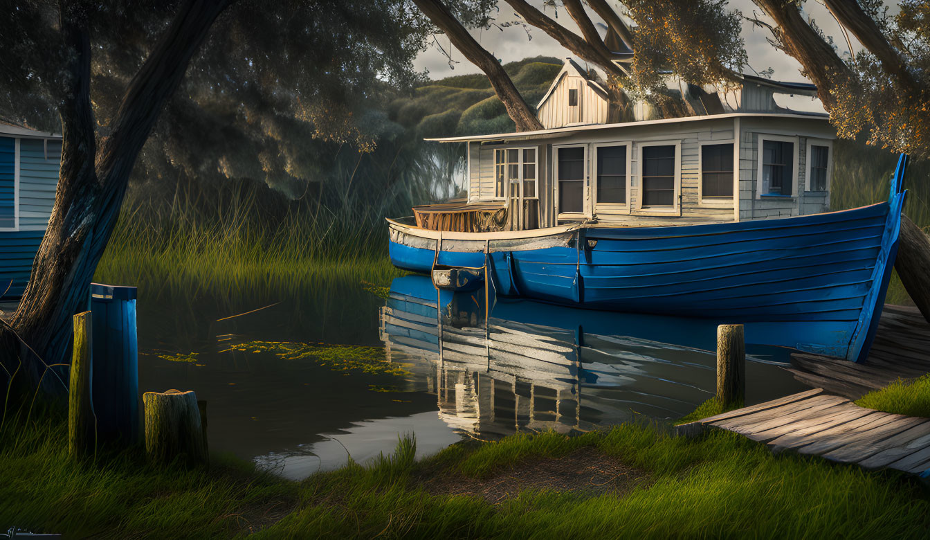 Tranquil Blue Boat Moored by Wooden Dock & White House in Greenery