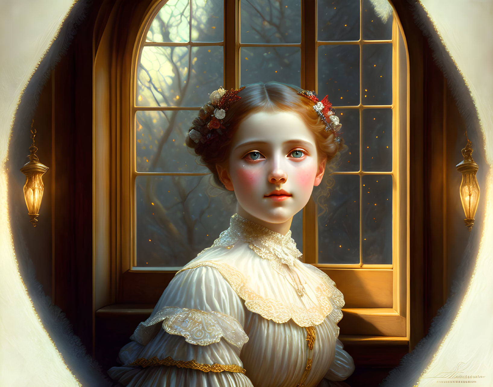 Digital painting of young girl in vintage lace gown by arched window