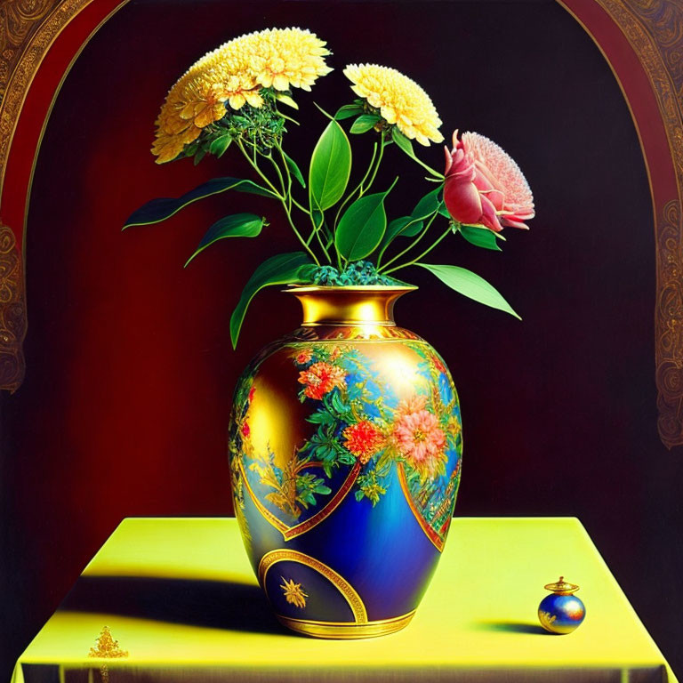 Golden vase with floral bouquet on yellow surface - vibrant painting