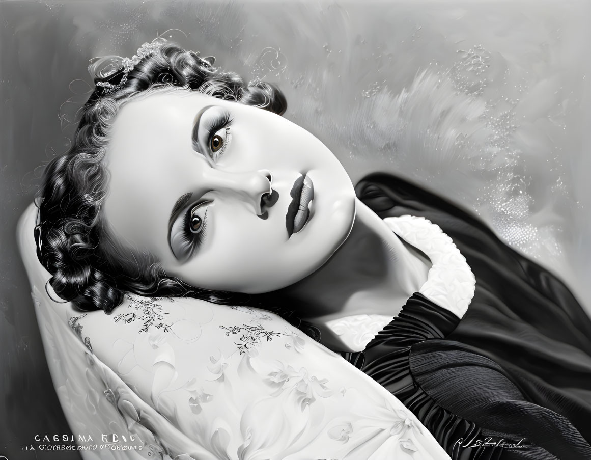 Monochrome digital portrait of woman with curly hair gazing upwards