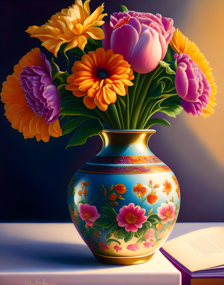 Colorful Tulips and Daisies Bouquet with Book on Table