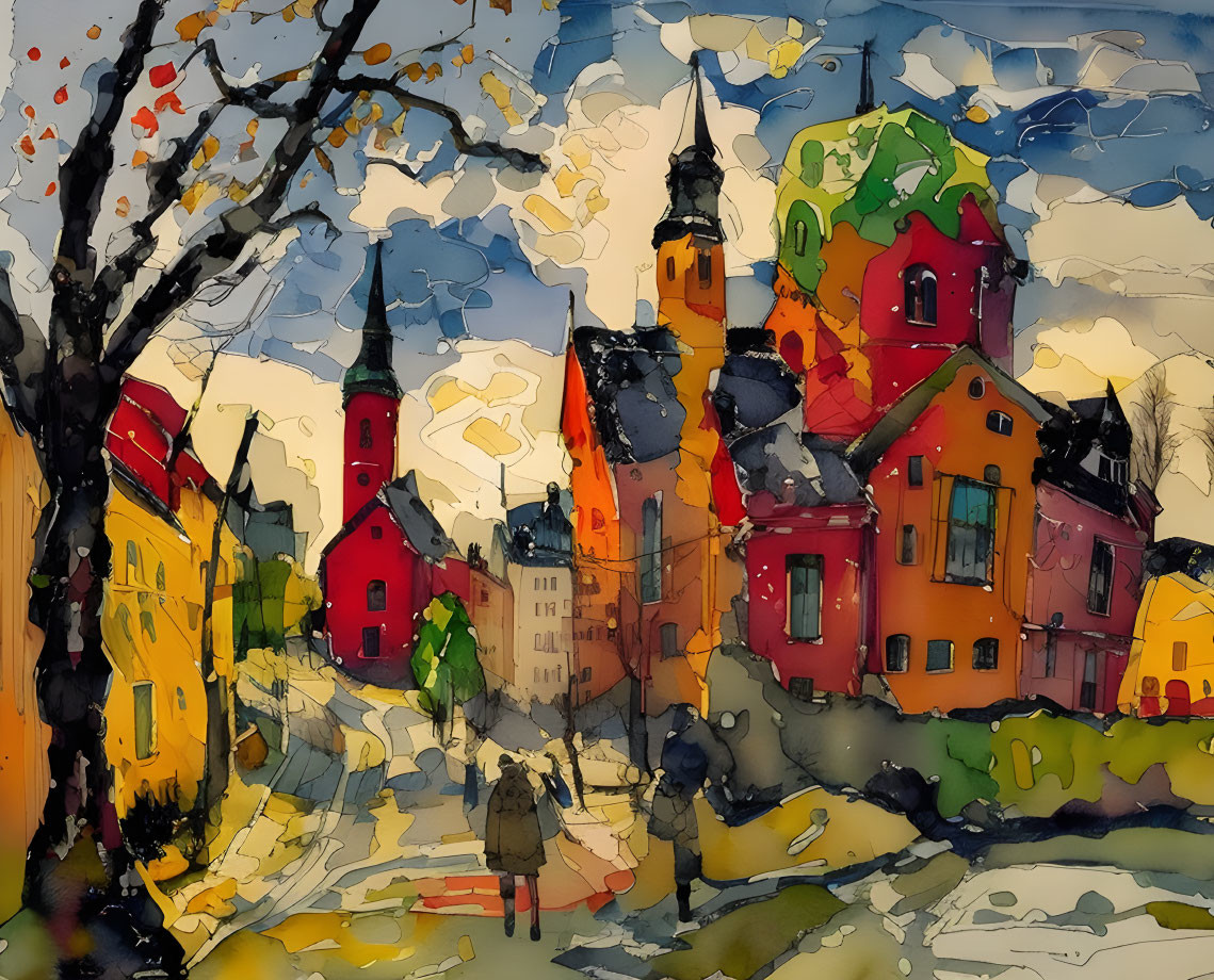 Vibrant painting: person on European street with colorful buildings