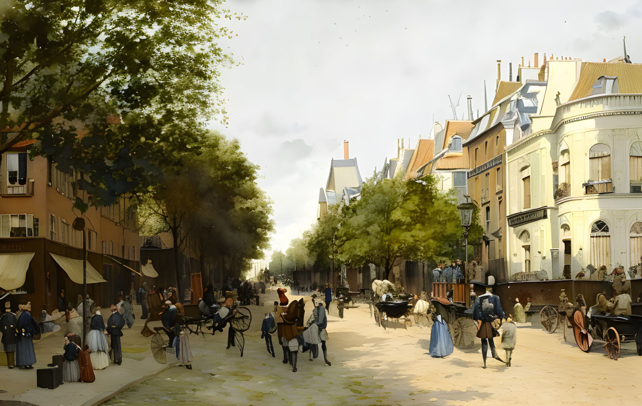 Historical city street scene with pedestrians, horses, carriages, and grand buildings.