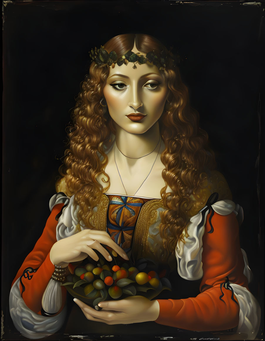 Renaissance painting of woman with curly hair and laurel wreath in fruit bowl scene