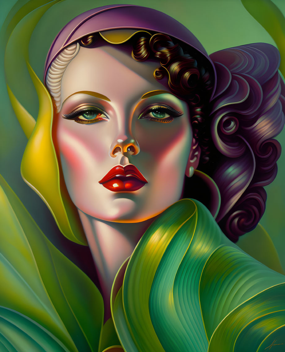 Woman's portrait with purple headscarf, wavy hair, and red lips in surreal setting