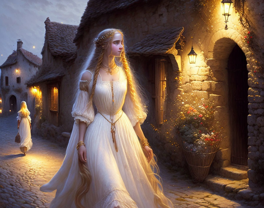 Woman in white gown strolling through stone-paved village at dusk