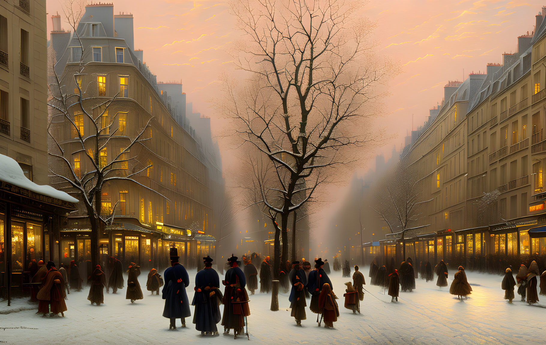 Vintage-clad people on twilight city street with glowing buildings and bare trees