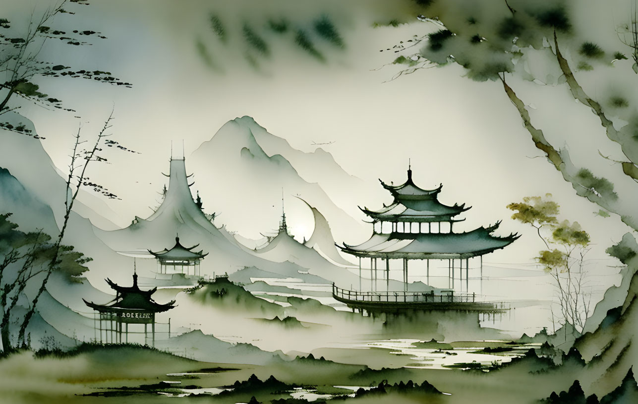 Serene traditional Asian ink wash painting of mountain landscape.