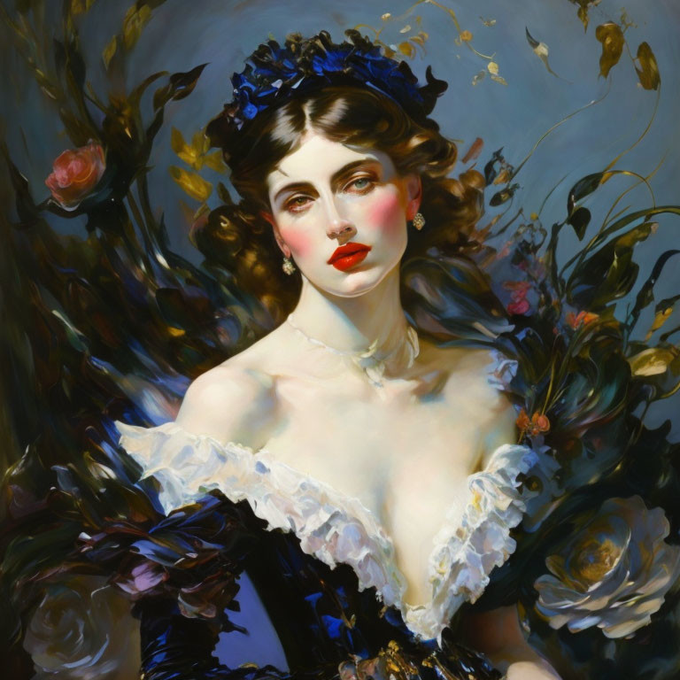 Portrait of a Woman in White Dress with Blue Flowers on Dark Floral Background