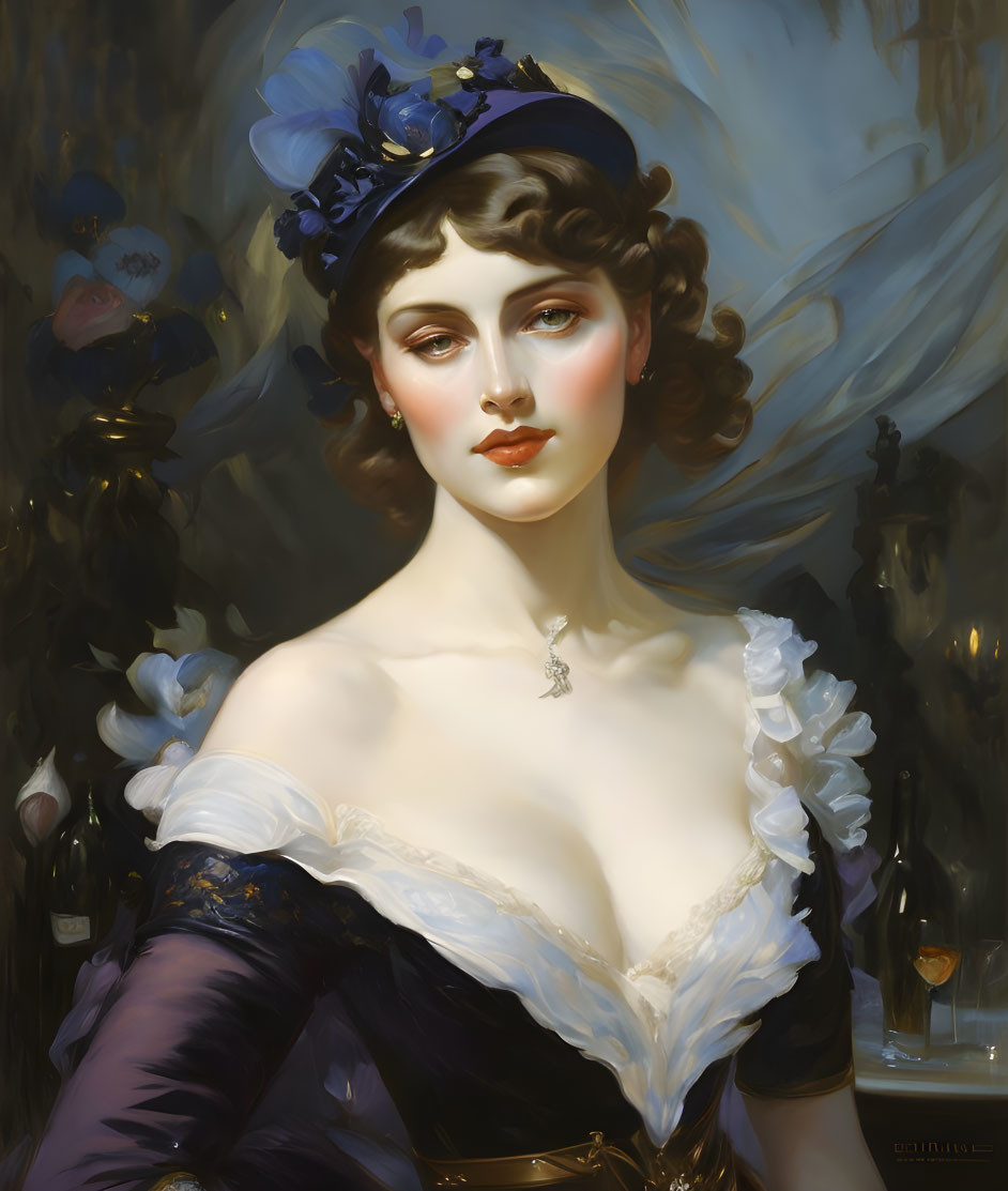Elegant woman portrait in blue hat and dark dress