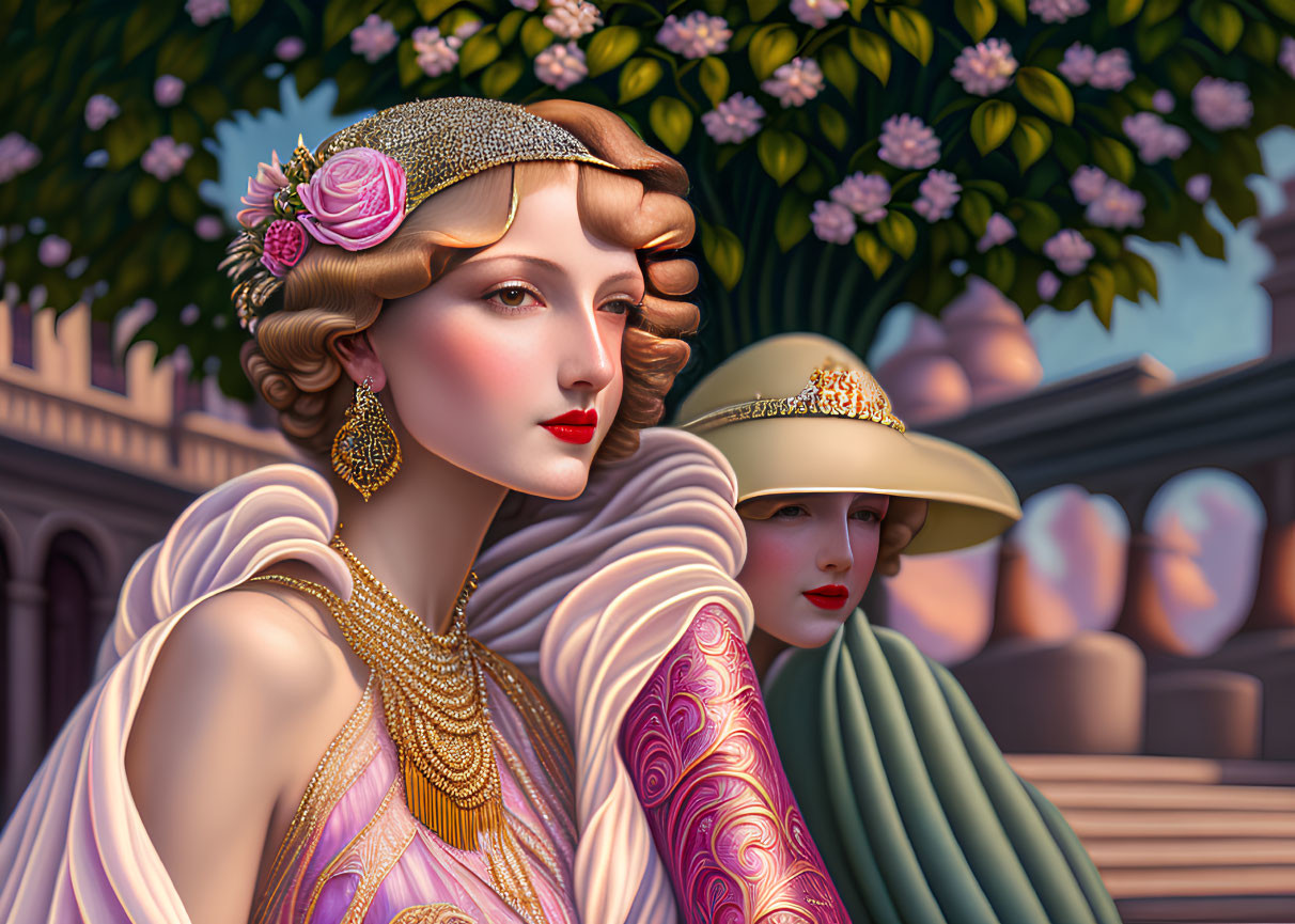 1920s era elegantly dressed women against architectural backdrop with blooming flowers